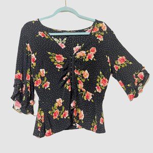 Topshop size 8 black polka dot/ floral cropped Boho short sleeve v neck top